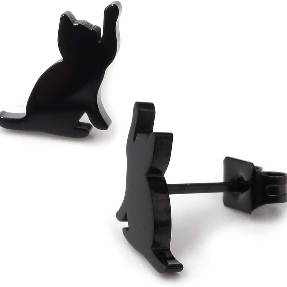 Stainless Steel Cute Black Cat Silhouette Post Stud Earrings Play Sit Jump